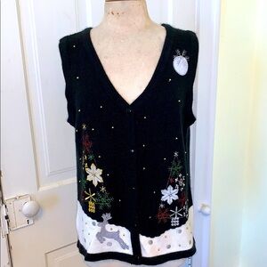 NOBO Ugly Christmas Sweater Vest Vintage Black Button Up V Neck Reindeer Snow M